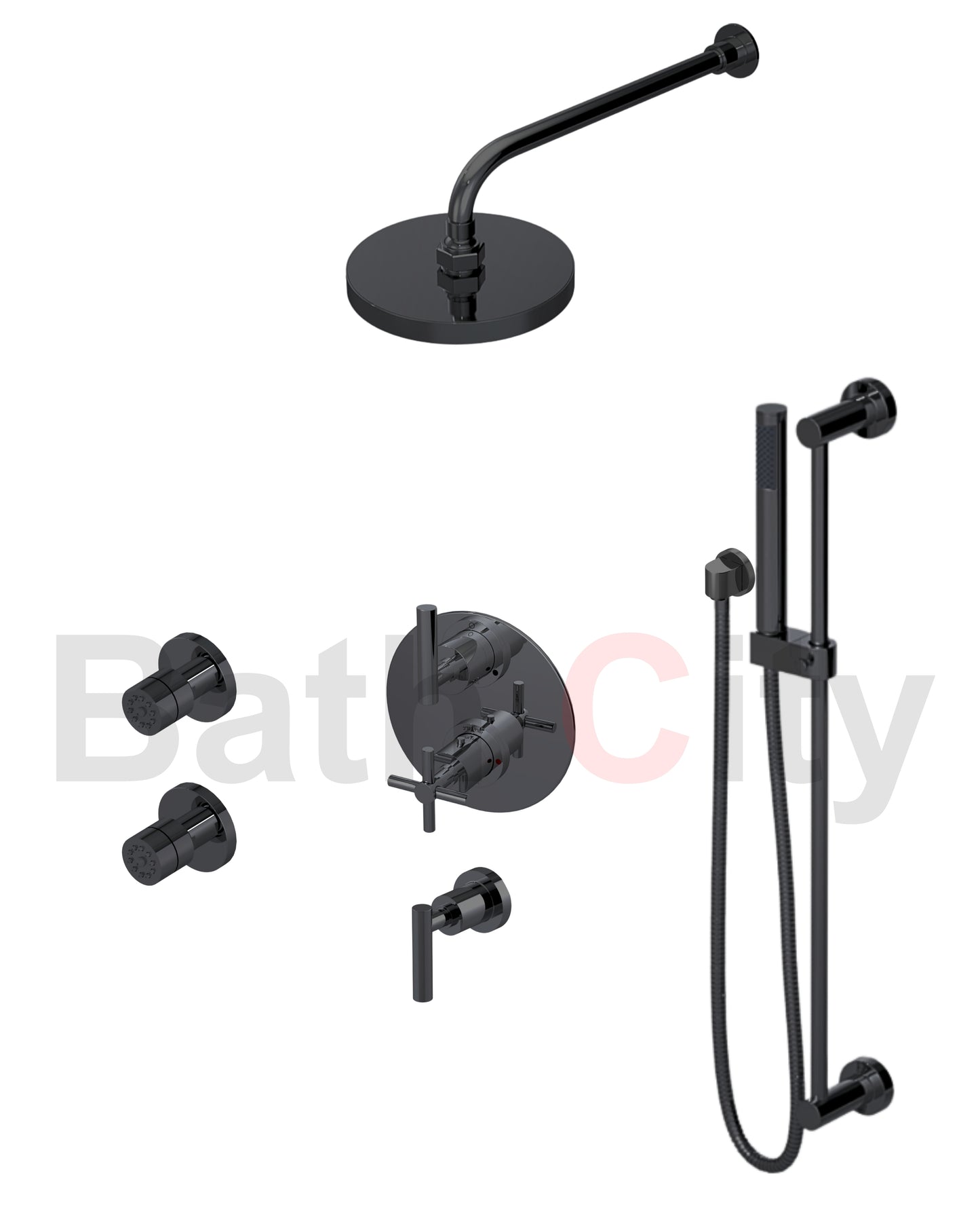 RUBINET 31GNL Genesis Temperature Control Shower with Two Way Diverter & Shut-Off, with One Separate Volume Control with
Hand Held Shower, Adjustable Slide Bar, Integral Supply, Two Body Sprays & 8" Wall Mount Shower Head (Trim Only)