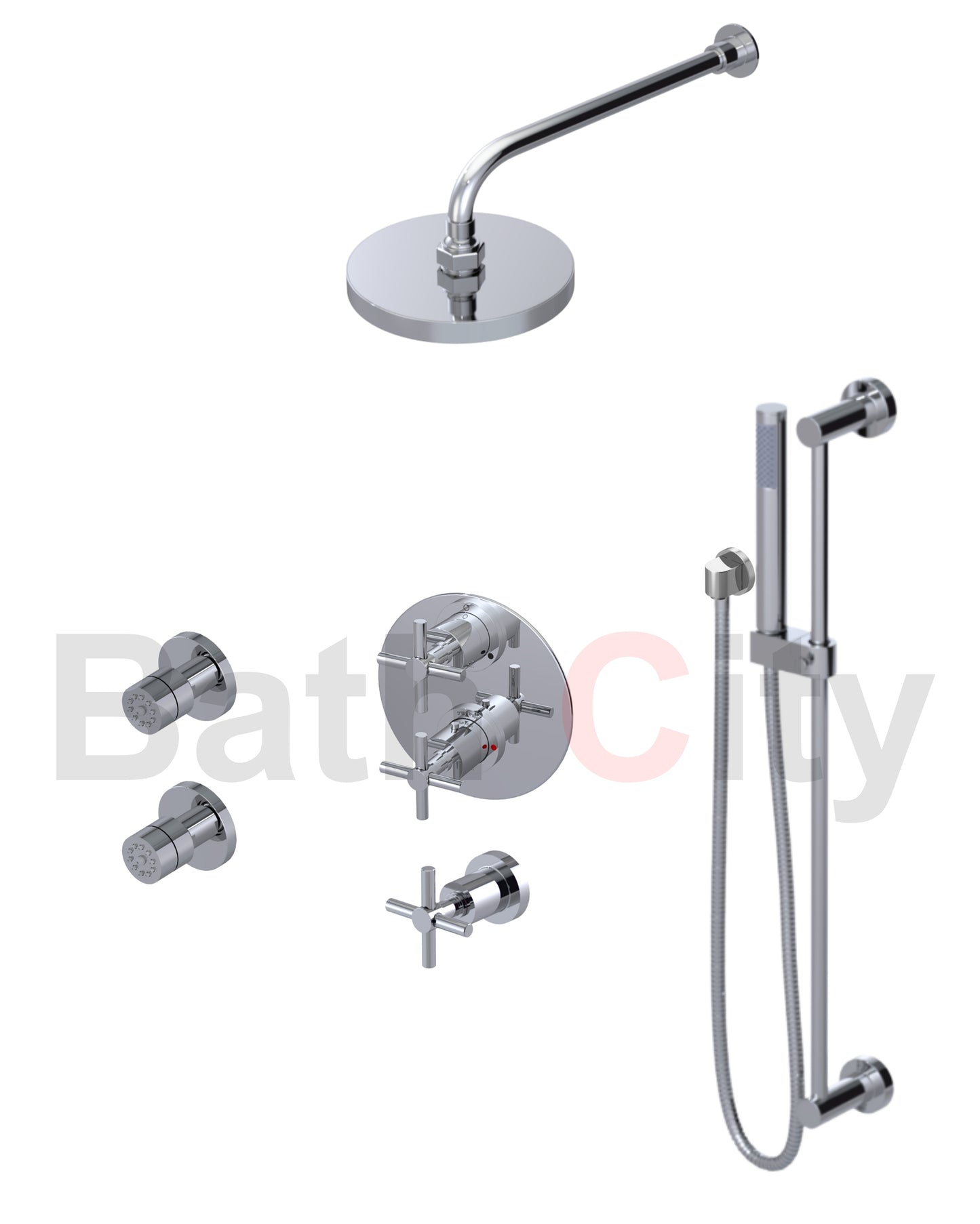 RUBINET 31GNL Genesis Temperature Control Shower with Two Way Diverter & Shut-Off, with One Separate Volume Control with
Hand Held Shower, Adjustable Slide Bar, Integral Supply, Two Body Sprays & 8" Wall Mount Shower Head (Trim Only)