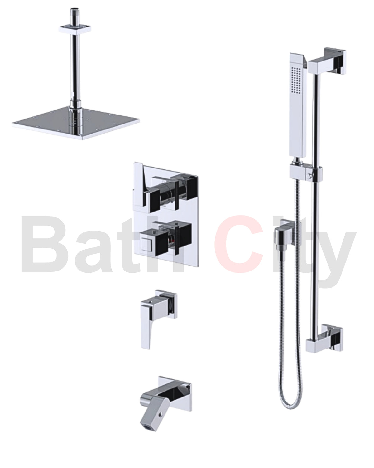 RUBINET 28RSQ Seven Temperature Control Shower with Two Way Diverter & Shut-Off with One Separate Volume Control, Hand Held Shower, Adjustable Slide Bar, Integral Supply, Wall Mount Bidet/Foot Rinse & Fixed Shower Head & Arm/ 8" Ceiling Mount-Trim Only Main image