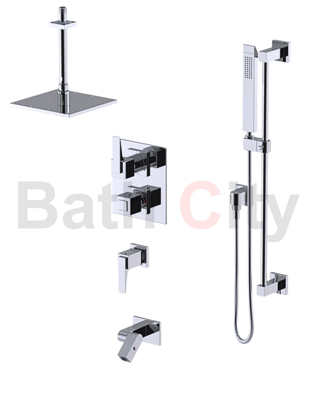 RUBINET 28RSQ Seven Temperature Control Shower with Two Way Diverter & Shut-Off with One Separate Volume Control, Hand Held Shower, Adjustable Slide Bar, Integral Supply, Wall Mount Bidet/Foot Rinse & Fixed Shower Head & Arm/ 8" Ceiling Mount-Trim Only