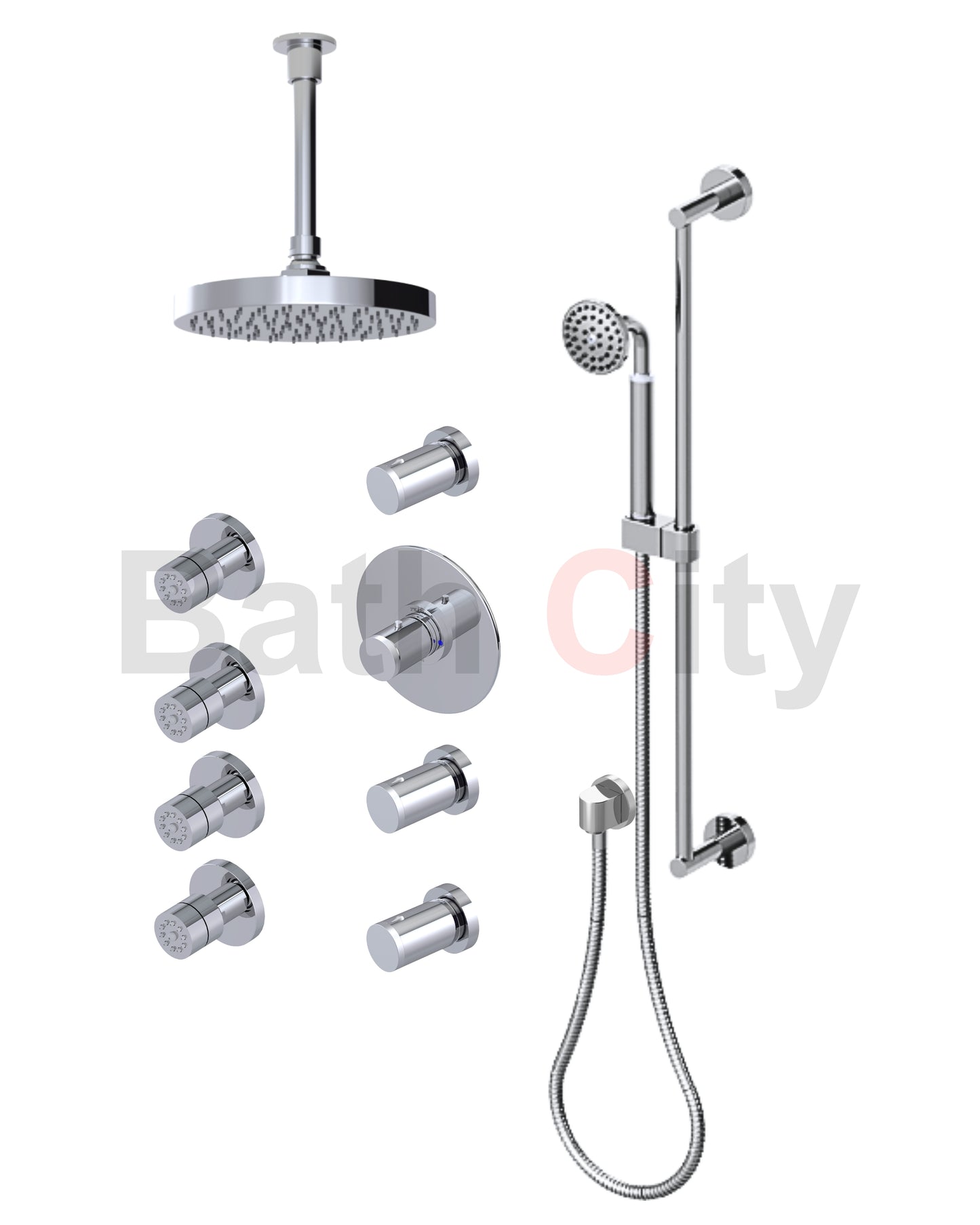 RUBINET 47NVR Nouveau Temperature Control Shower with Three Separate Volume
Controls, Fixed Shower Head, Adjustable Slide Bar,
Integral Supply, Hand Held Shower & Four Body Sprays 8? Ceiling Mount Trim Only