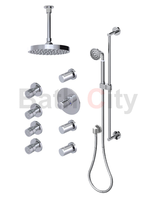 RUBINET 47NVR Nouveau Temperature Control Shower with Three Separate Volume
Controls, Fixed Shower Head, Adjustable Slide Bar,
Integral Supply, Hand Held Shower & Four Body Sprays 8? Ceiling Mount Trim Only