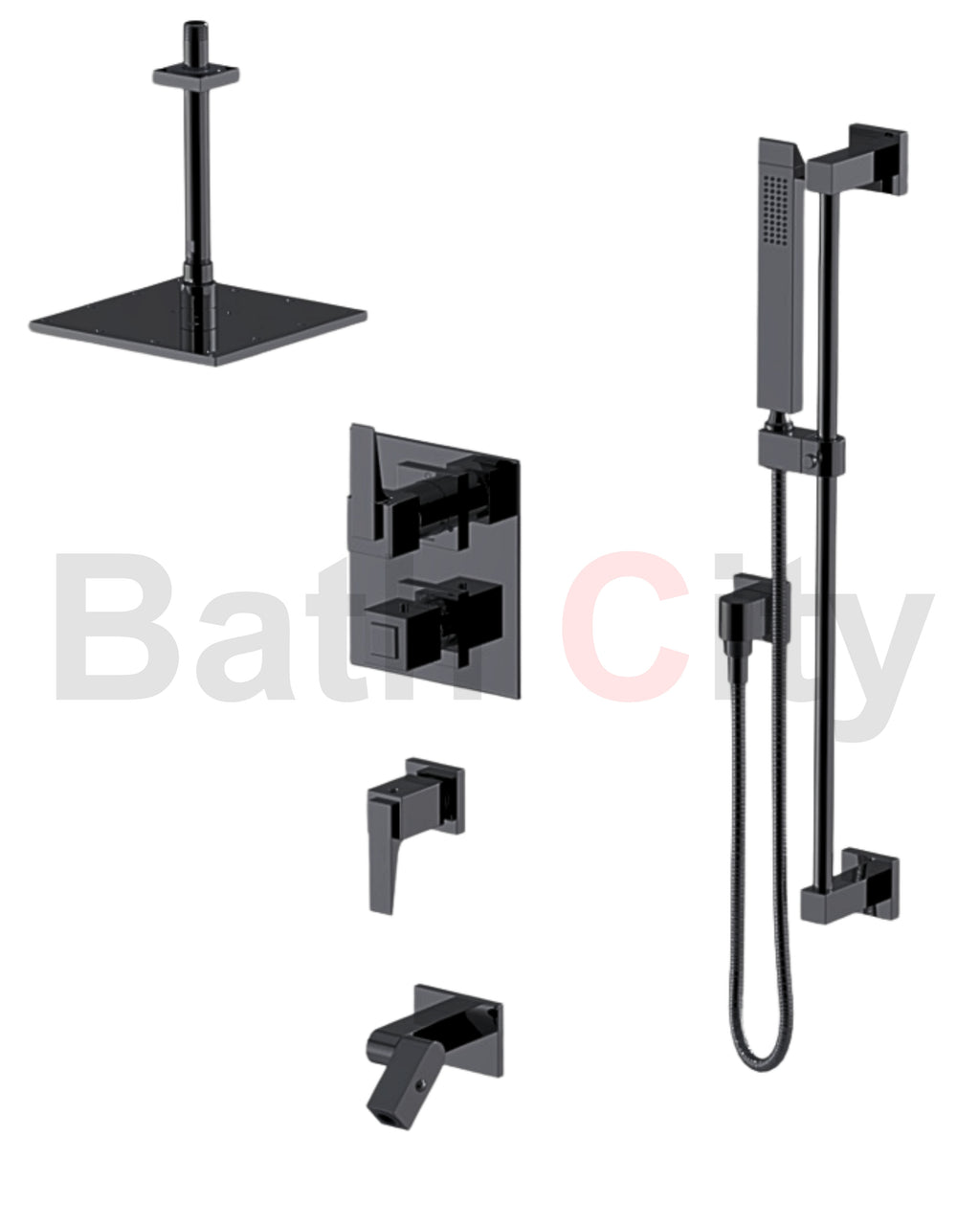RUBINET 28RSQ Seven Temperature Control Shower with Two Way Diverter & Shut-Off with One Separate Volume Control, Hand Held Shower, Adjustable Slide Bar, Integral Supply, Wall Mount Bidet/Foot Rinse & Fixed Shower Head & Arm/ 8" Ceiling Mount-Trim Only