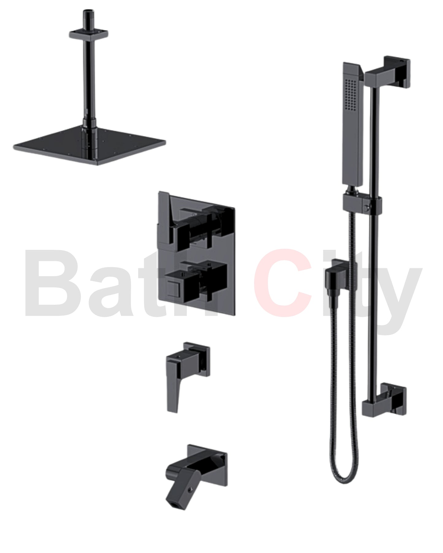 RUBINET 28RSQ Seven Temperature Control Shower with Two Way Diverter & Shut-Off with One Separate Volume Control, Hand Held Shower, Adjustable Slide Bar, Integral Supply, Wall Mount Bidet/Foot Rinse & Fixed Shower Head & Arm/ 8" Ceiling Mount-Trim Only