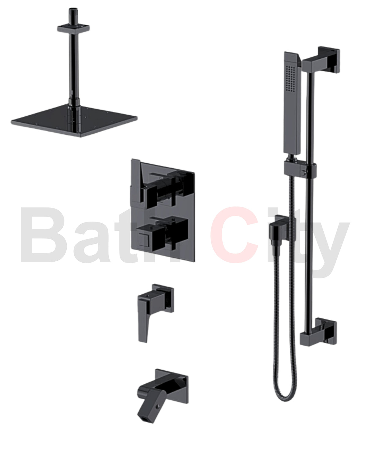 RUBINET 28RSQ Seven Temperature Control Shower with Two Way Diverter & Shut-Off with One Separate Volume Control, Hand Held Shower, Adjustable Slide Bar, Integral Supply, Wall Mount Bidet/Foot Rinse & Fixed Shower Head & Arm/ 8" Ceiling Mount-Trim Only