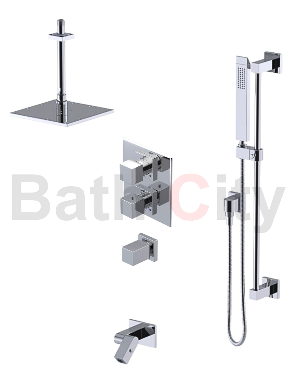RUBINET 28RSQ Seven Temperature Control Shower with Two Way Diverter & Shut-Off with One Separate Volume Control, Hand Held Shower, Adjustable Slide Bar, Integral Supply, Wall Mount Bidet/Foot Rinse & Fixed Shower Head & Arm/ 8" Ceiling Mount-Trim Only