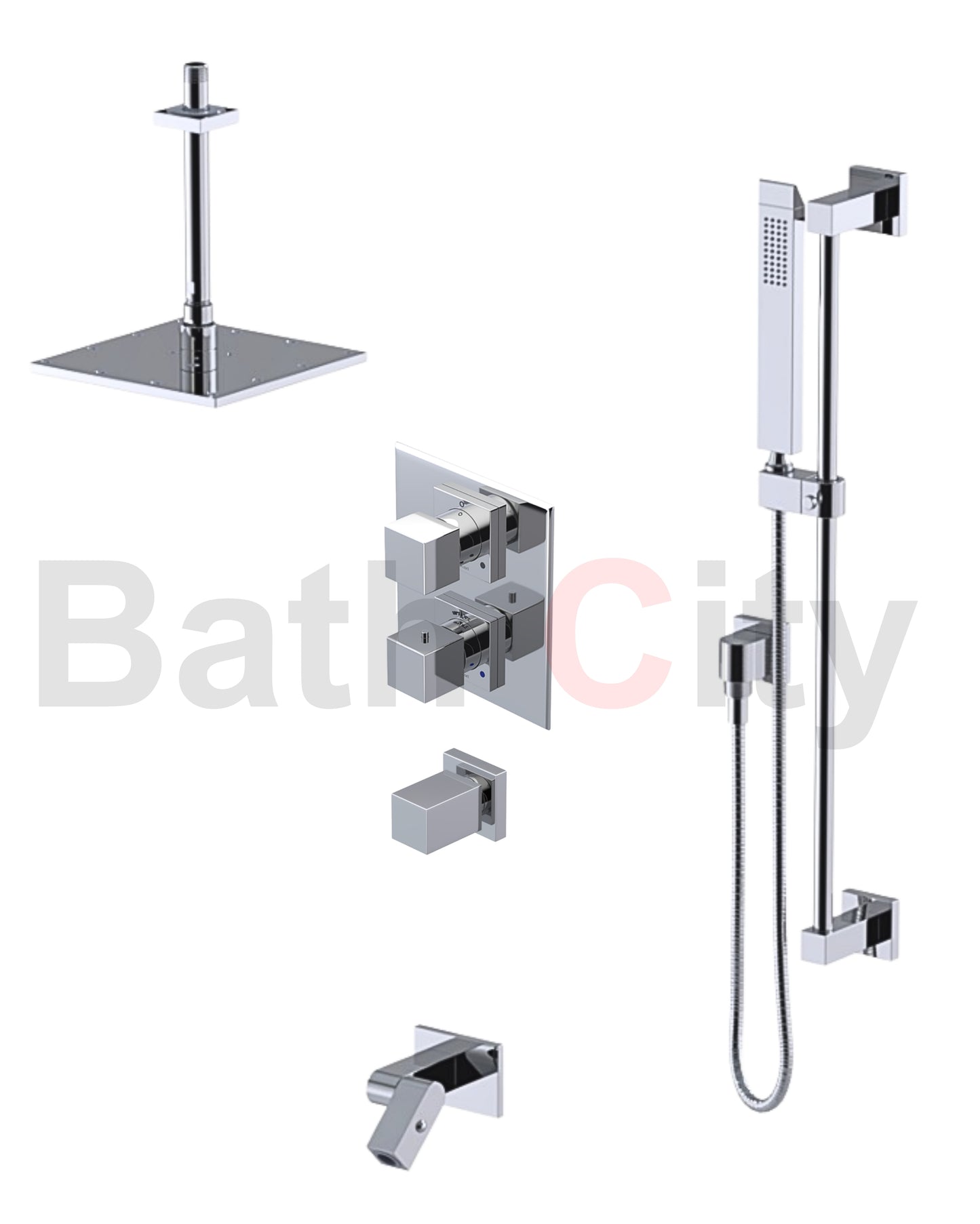 RUBINET 28RSQ Seven Temperature Control Shower with Two Way Diverter & Shut-Off with One Separate Volume Control, Hand Held Shower, Adjustable Slide Bar, Integral Supply, Wall Mount Bidet/Foot Rinse & Fixed Shower Head & Arm/ 8" Ceiling Mount-Trim Only