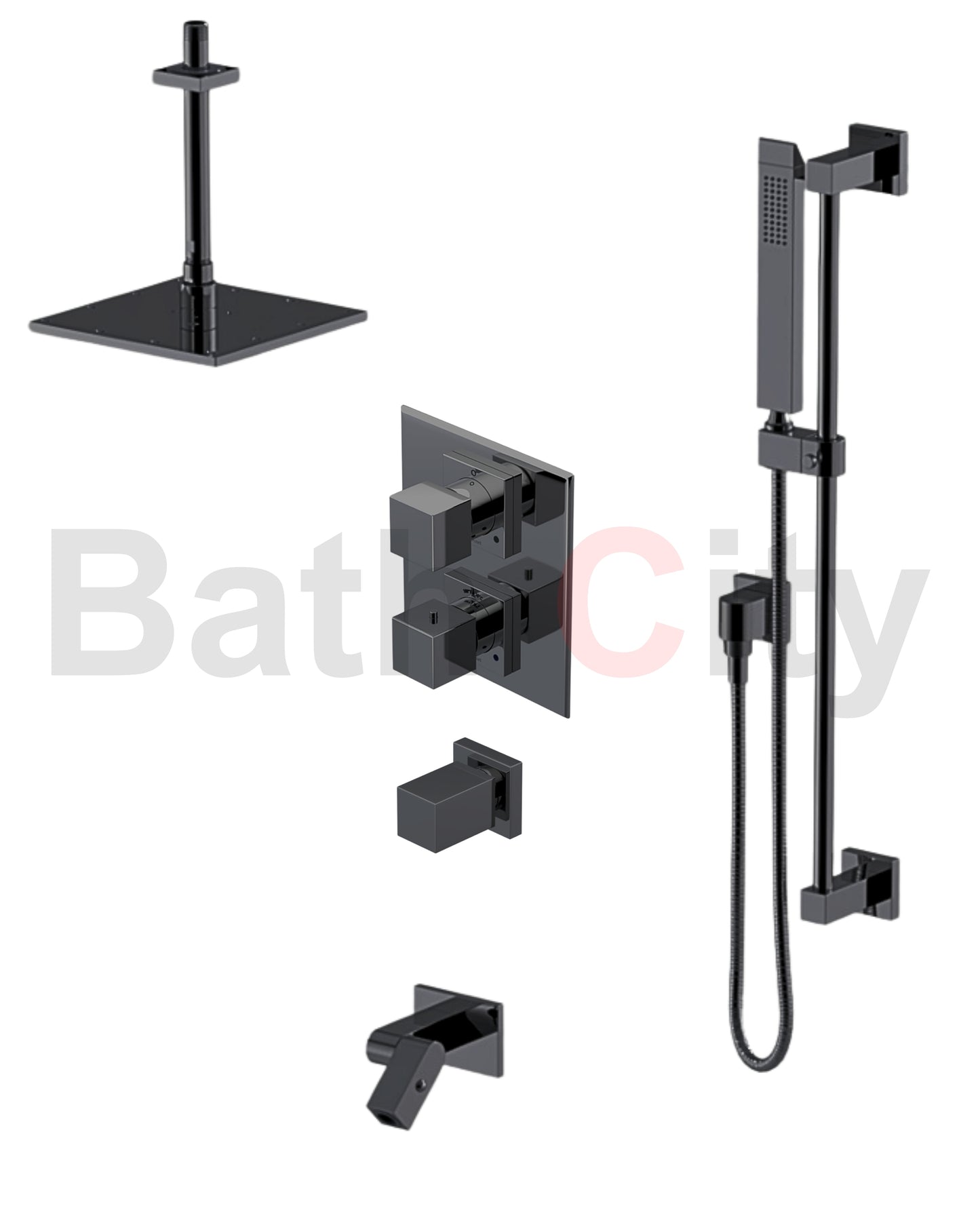 RUBINET 28RSQ Seven Temperature Control Shower with Two Way Diverter & Shut-Off with One Separate Volume Control, Hand Held Shower, Adjustable Slide Bar, Integral Supply, Wall Mount Bidet/Foot Rinse & Fixed Shower Head & Arm/ 8" Ceiling Mount-Trim Only