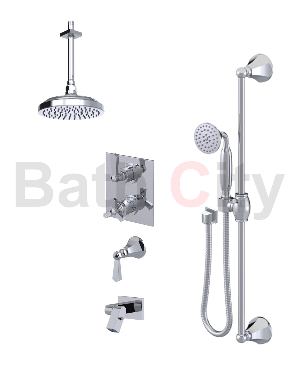RUBINET 28HXL Hexis Temperature Control Shower with Two Way Diverter & Shut-Off, with One Separate Volume Control, Hand Held Shower, Adjustable Slide bar, Integral Supply, Wall Mount Bidet & 8" Ceiling Mount Showe Head (Trim Only)