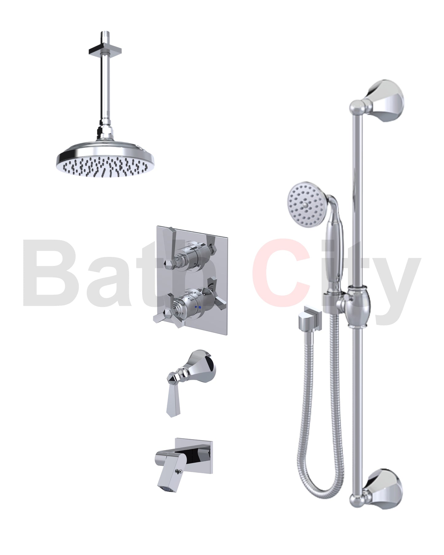RUBINET 28HXL Hexis Temperature Control Shower with Two Way Diverter & Shut-Off, with One Separate Volume Control, Hand Held Shower, Adjustable Slide bar, Integral Supply, Wall Mount Bidet & 8" Ceiling Mount Showe Head (Trim Only)
