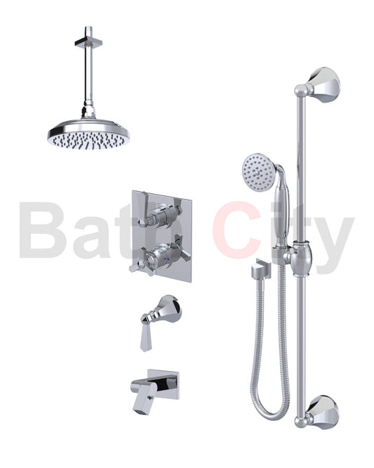 RUBINET 28HXL Hexis Temperature Control Shower with Two Way Diverter & Shut-Off, with One Separate Volume Control, Hand Held Shower, Adjustable Slide bar, Integral Supply, Wall Mount Bidet & 8" Ceiling Mount Showe Head (Trim Only)