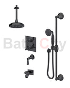 RUBINET 28HXL Hexis Temperature Control Shower with Two Way Diverter & Shut-Off, with One Separate Volume Control, Hand Held Shower, Adjustable Slide bar, Integral Supply, Wall Mount Bidet & 8" Ceiling Mount Showe Head (Trim Only)