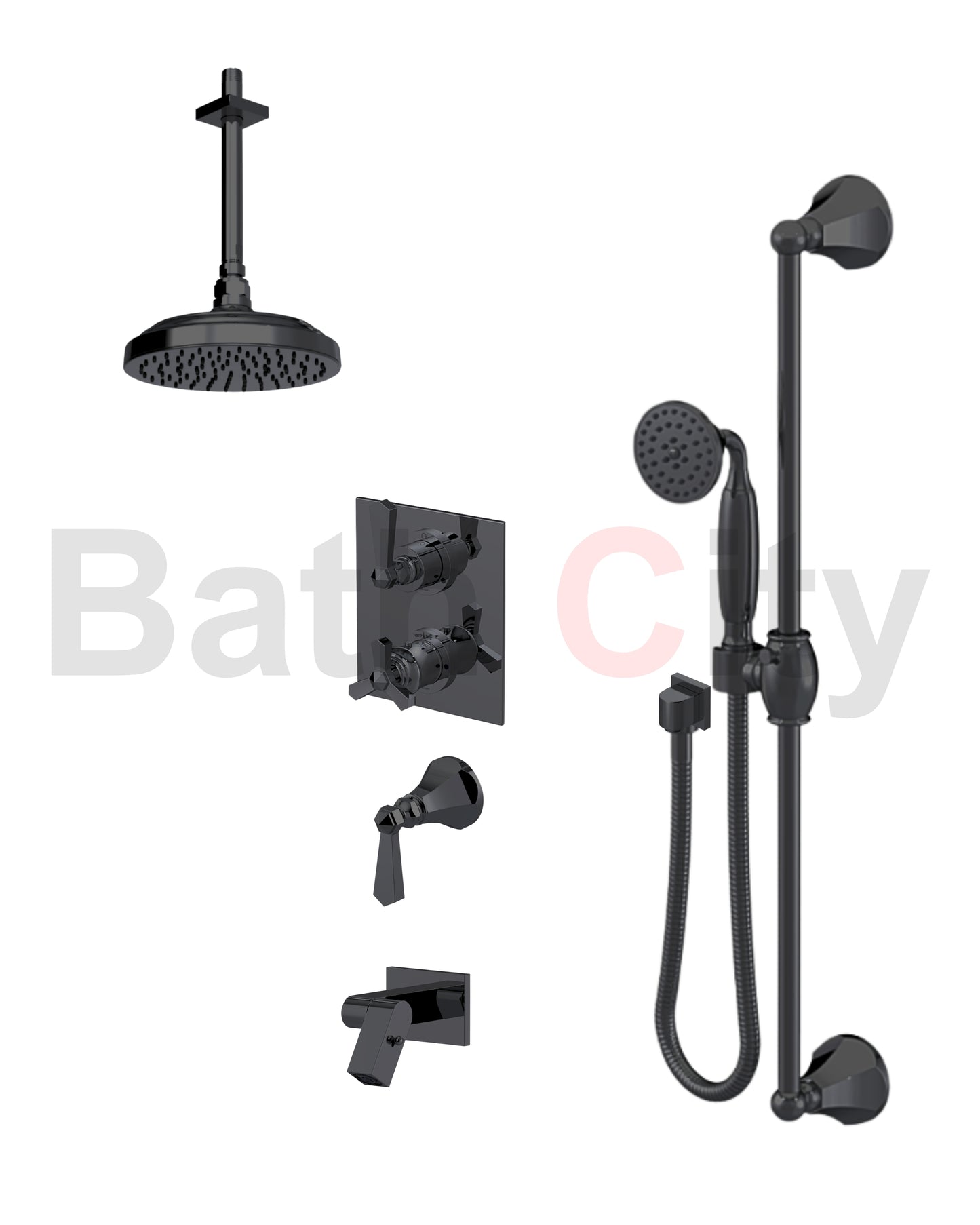 RUBINET 28HXL Hexis Temperature Control Shower with Two Way Diverter & Shut-Off, with One Separate Volume Control, Hand Held Shower, Adjustable Slide bar, Integral Supply, Wall Mount Bidet & 8" Ceiling Mount Showe Head (Trim Only)