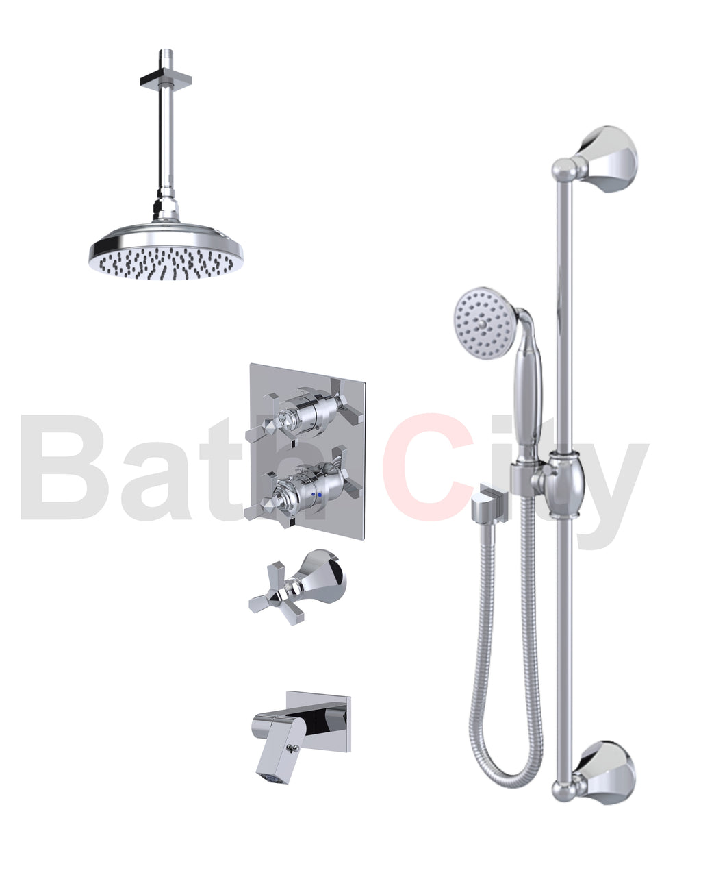 RUBINET 28HXL Hexis Temperature Control Shower with Two Way Diverter & Shut-Off, with One Separate Volume Control, Hand Held Shower, Adjustable Slide bar, Integral Supply, Wall Mount Bidet & 8" Ceiling Mount Showe Head (Trim Only)