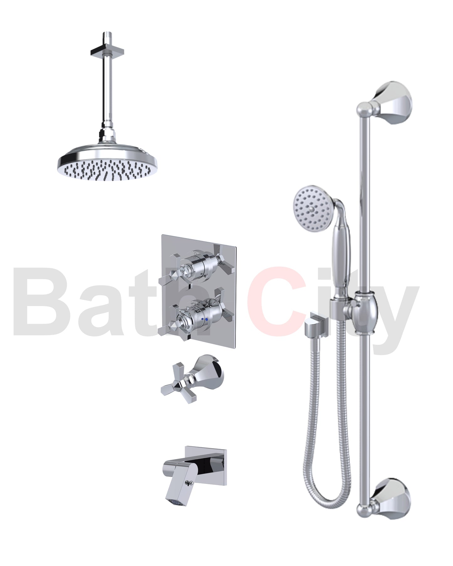 RUBINET 28HXL Hexis Temperature Control Shower with Two Way Diverter & Shut-Off, with One Separate Volume Control, Hand Held Shower, Adjustable Slide bar, Integral Supply, Wall Mount Bidet & 8" Ceiling Mount Showe Head (Trim Only)