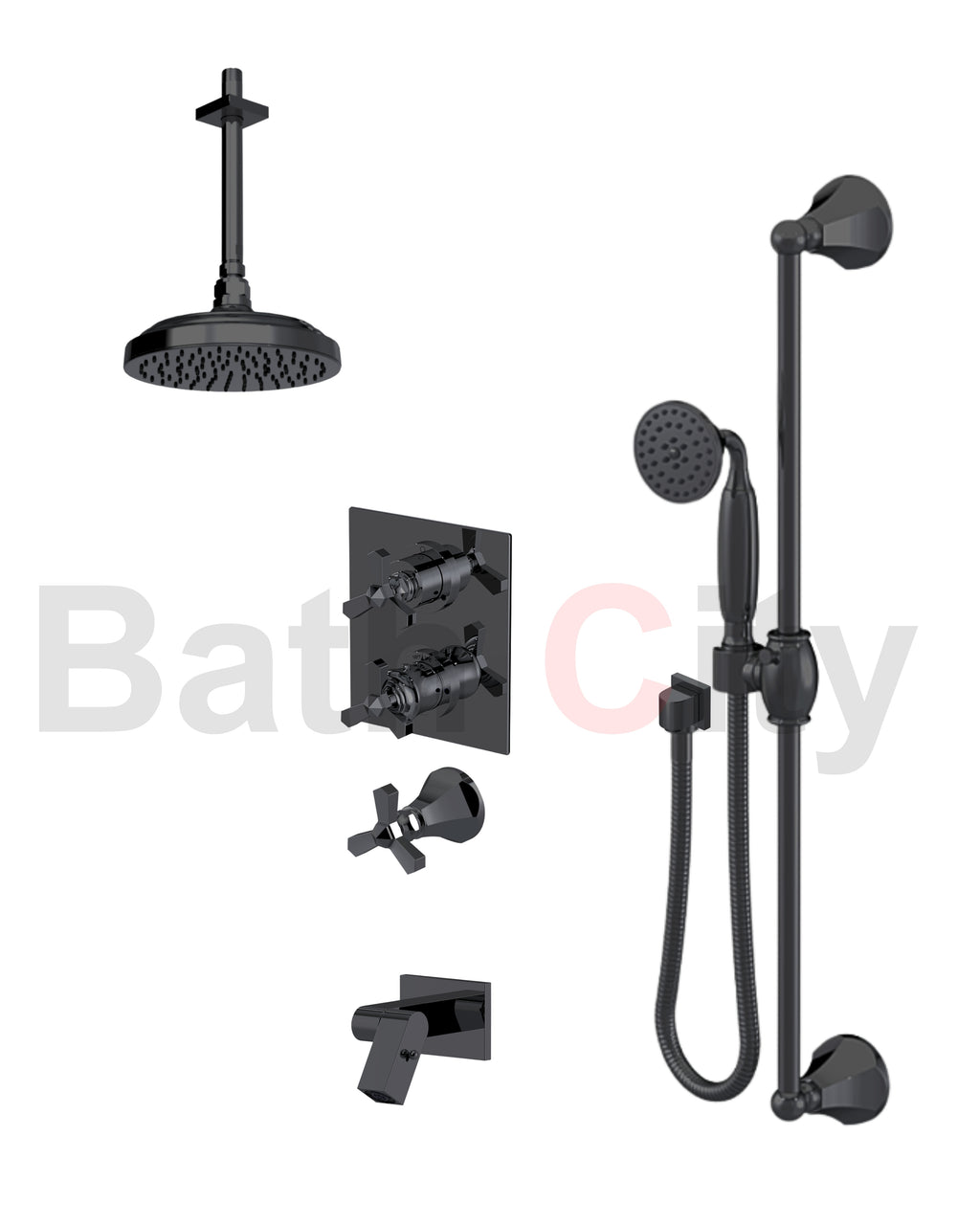 RUBINET 28HXL Hexis Temperature Control Shower with Two Way Diverter & Shut-Off, with One Separate Volume Control, Hand Held Shower, Adjustable Slide bar, Integral Supply, Wall Mount Bidet & 8" Ceiling Mount Showe Head (Trim Only)