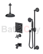 RUBINET 28HXL Hexis Temperature Control Shower with Two Way Diverter & Shut-Off, with One Separate Volume Control, Hand Held Shower, Adjustable Slide bar, Integral Supply, Wall Mount Bidet & 8" Ceiling Mount Showe Head (Trim Only)