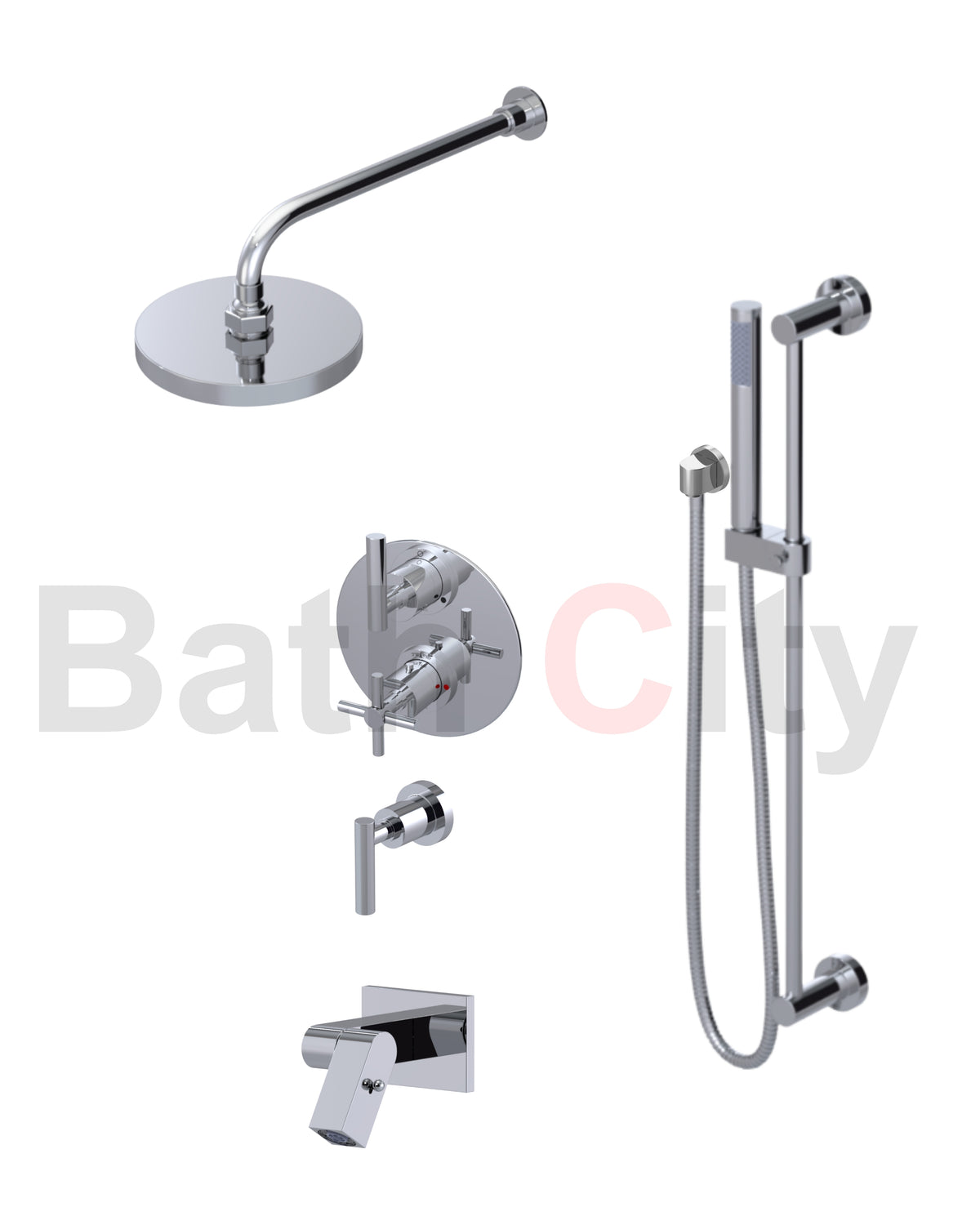 RUBINET 28GNL Genesis Temperature Control Shower & Shut-Off, with One Separate Volume Control, Hand Held Shower, Adjustable Slide Bar, Integral Supply, Wall Mount Bidet / Foot Rinse & 8" Ceiling Mount Shower Head & Arm (Trim Only)