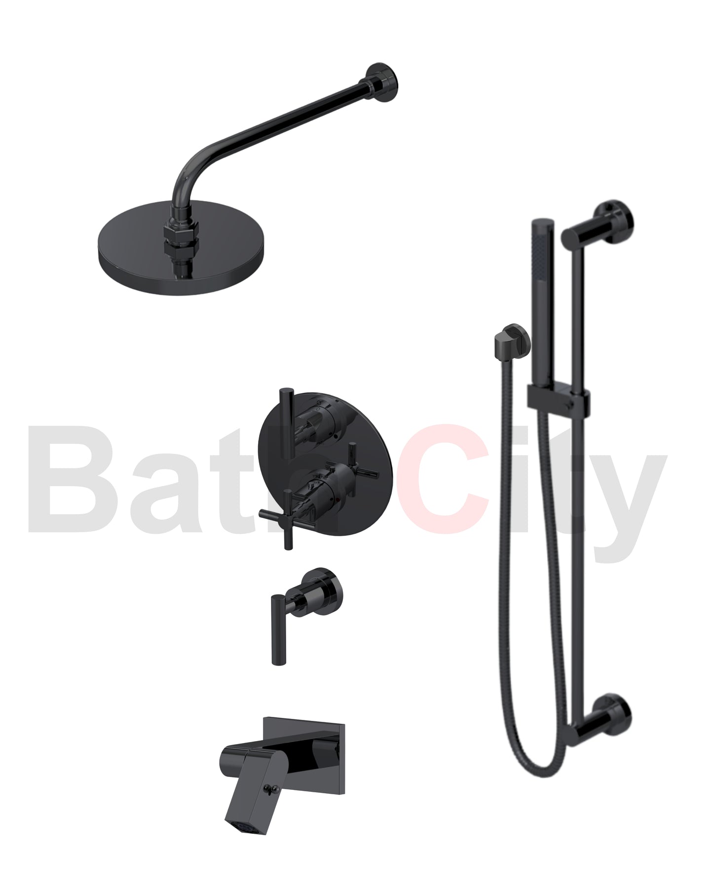 RUBINET 28GNL Genesis Temperature Control Shower & Shut-Off, with One Separate Volume Control, Hand Held Shower, Adjustable Slide Bar, Integral Supply, Wall Mount Bidet / Foot Rinse & 8" Ceiling Mount Shower Head & Arm (Trim Only)