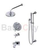 RUBINET 28GNL Genesis Temperature Control Shower & Shut-Off, with One Separate Volume Control, Hand Held Shower, Adjustable Slide Bar, Integral Supply, Wall Mount Bidet / Foot Rinse & 8" Ceiling Mount Shower Head & Arm (Trim Only)