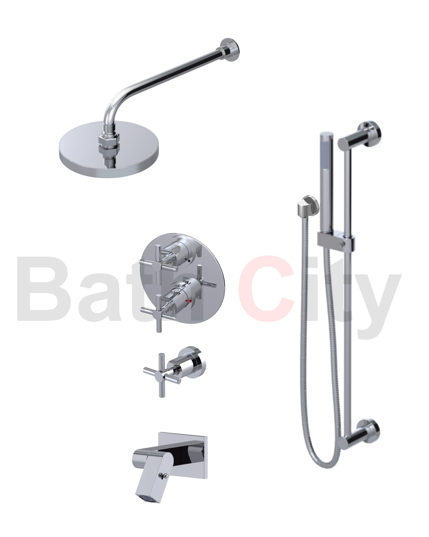 RUBINET 28GNL Genesis Temperature Control Shower & Shut-Off, with One Separate Volume Control, Hand Held Shower, Adjustable Slide Bar, Integral Supply, Wall Mount Bidet / Foot Rinse & 8" Ceiling Mount Shower Head & Arm (Trim Only)
