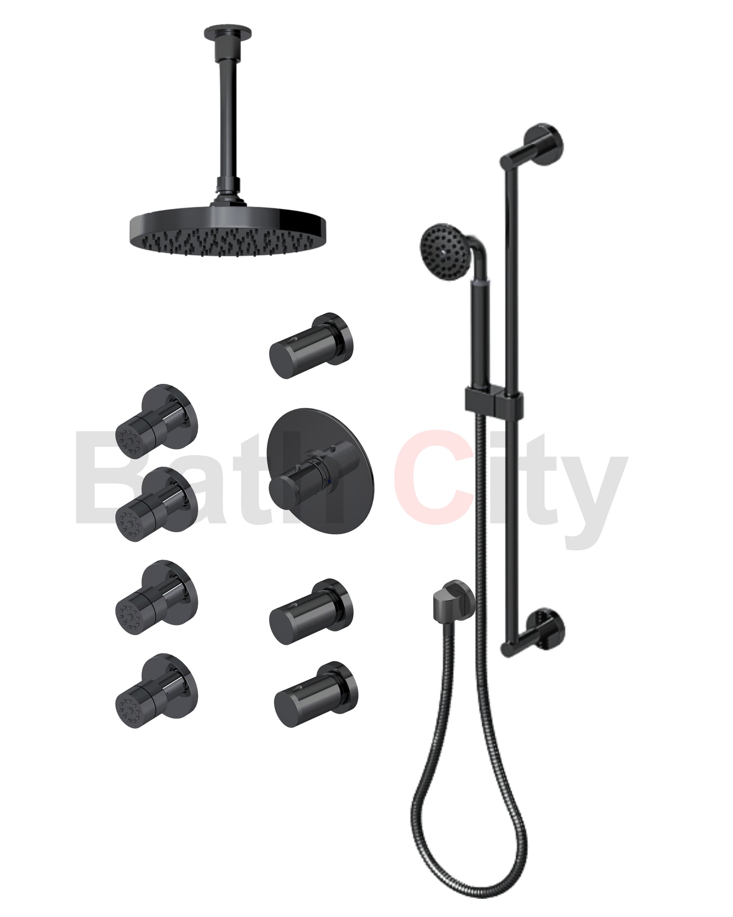 RUBINET 47NVR Nouveau Temperature Control Shower with Three Separate Volume
Controls, Fixed Shower Head, Adjustable Slide Bar,
Integral Supply, Hand Held Shower & Four Body Sprays 8? Ceiling Mount Trim Only