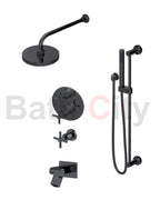 RUBINET 28GNL Genesis Temperature Control Shower & Shut-Off, with One Separate Volume Control, Hand Held Shower, Adjustable Slide Bar, Integral Supply, Wall Mount Bidet / Foot Rinse & 8" Ceiling Mount Shower Head & Arm (Trim Only)