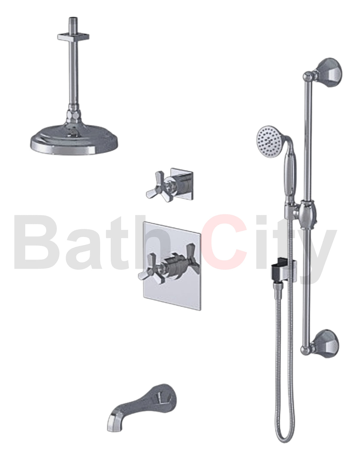 RUBINET 233HXC Hexis Pressure Balance Tub & Shower with Three Way Diverter Shared Flow, Fixed 8" Ceiling Mount Shower Head & Arm, Tub Filler Spout, Hand Held Shower, Adjustable Slide Bar & Integral Supply (Trim Only) Main image