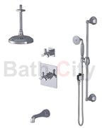 RUBINET 233HXC Hexis Pressure Balance Tub & Shower with Three Way Diverter Shared Flow, Fixed 8" Ceiling Mount Shower Head & Arm, Tub Filler Spout, Hand Held Shower, Adjustable Slide Bar & Integral Supply (Trim Only)