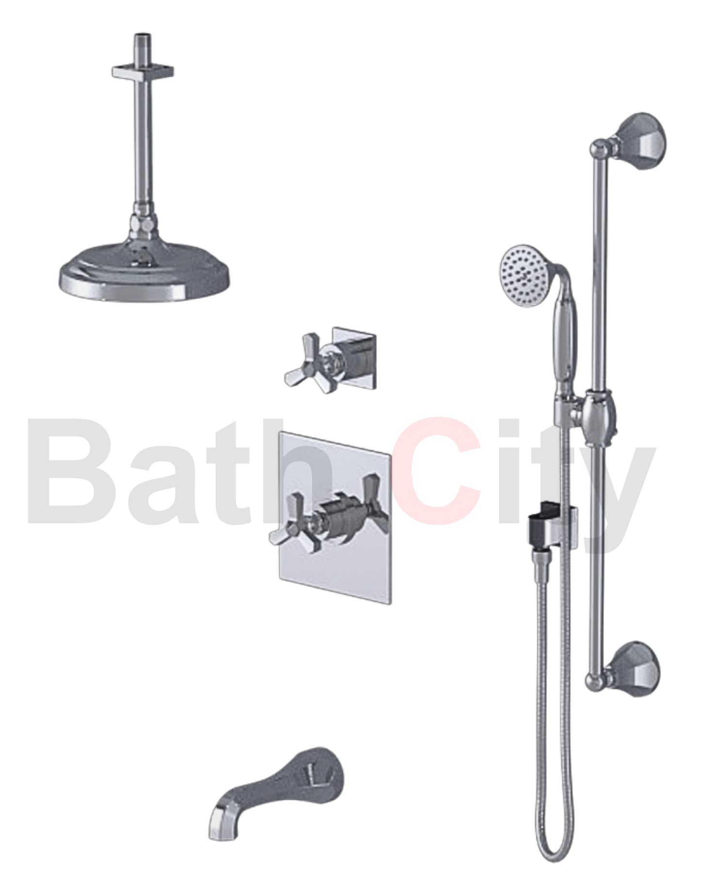 RUBINET 233HXC Hexis Pressure Balance Tub & Shower with Three Way Diverter Shared Flow, Fixed 8" Ceiling Mount Shower Head & Arm, Tub Filler Spout, Hand Held Shower, Adjustable Slide Bar & Integral Supply (Trim Only)