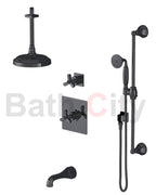 RUBINET 233HXC Hexis Pressure Balance Tub & Shower with Three Way Diverter Shared Flow, Fixed 8" Ceiling Mount Shower Head & Arm, Tub Filler Spout, Hand Held Shower, Adjustable Slide Bar & Integral Supply (Trim Only)