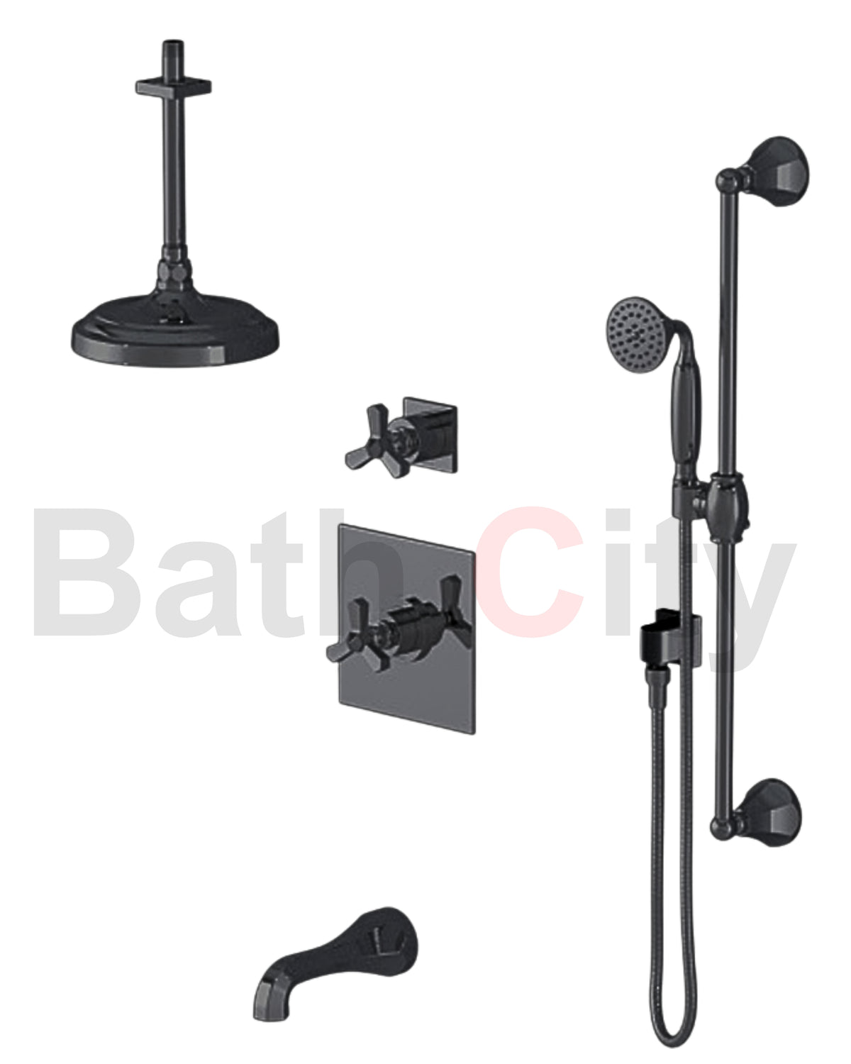 RUBINET 233HXC Hexis Pressure Balance Tub & Shower with Three Way Diverter Shared Flow, Fixed 8" Ceiling Mount Shower Head & Arm, Tub Filler Spout, Hand Held Shower, Adjustable Slide Bar & Integral Supply (Trim Only)