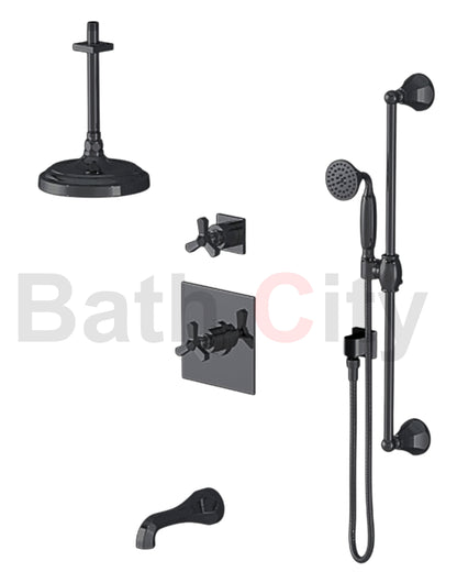 RUBINET 233HXC Hexis Pressure Balance Tub & Shower with Three Way Diverter Shared Flow, Fixed 8" Ceiling Mount Shower Head & Arm, Tub Filler Spout, Hand Held Shower, Adjustable Slide Bar & Integral Supply (Trim Only)