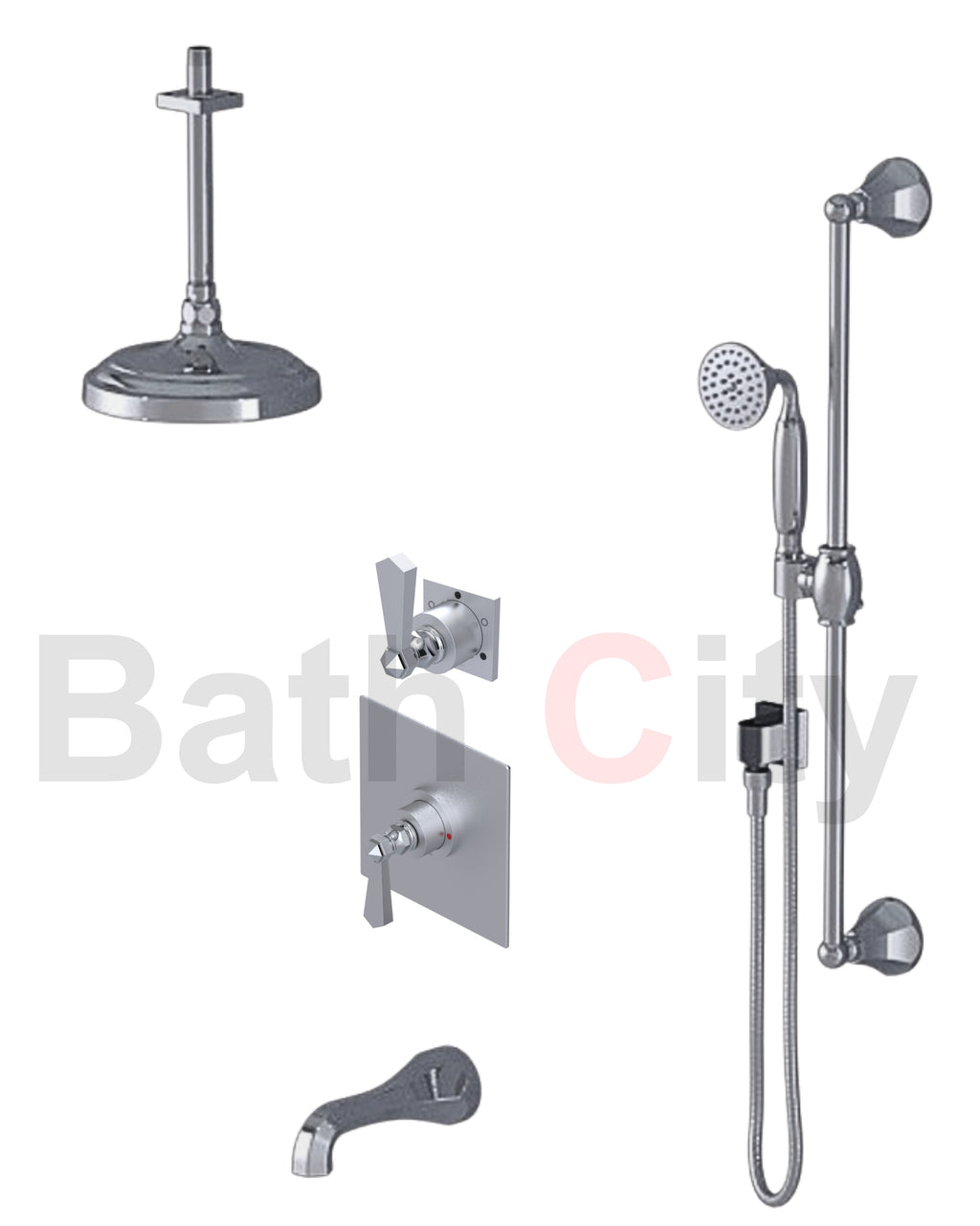 RUBINET 233HXC Hexis Pressure Balance Tub & Shower with Three Way Diverter Shared Flow, Fixed 8" Ceiling Mount Shower Head & Arm, Tub Filler Spout, Hand Held Shower, Adjustable Slide Bar & Integral Supply (Trim Only)