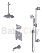 RUBINET 233HXC Hexis Pressure Balance Tub & Shower with Three Way Diverter Shared Flow, Fixed 8" Ceiling Mount Shower Head & Arm, Tub Filler Spout, Hand Held Shower, Adjustable Slide Bar & Integral Supply (Trim Only)