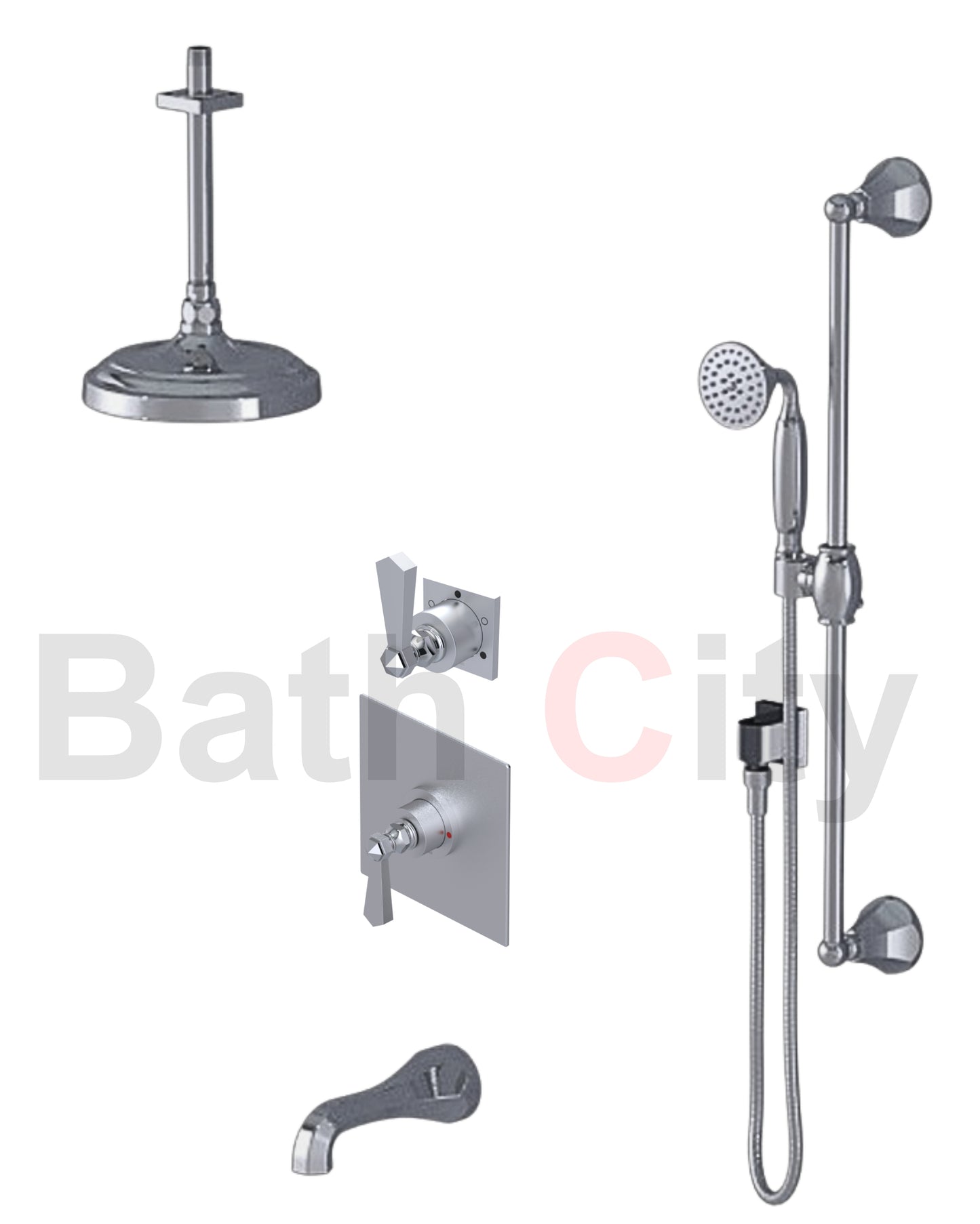 RUBINET 233HXC Hexis Pressure Balance Tub & Shower with Three Way Diverter Shared Flow, Fixed 8" Ceiling Mount Shower Head & Arm, Tub Filler Spout, Hand Held Shower, Adjustable Slide Bar & Integral Supply (Trim Only)