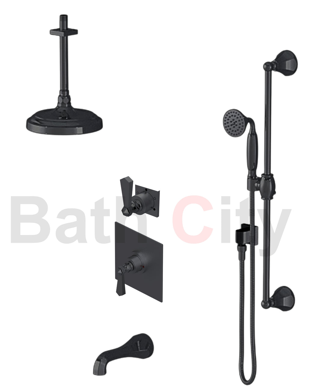 RUBINET 233HXC Hexis Pressure Balance Tub & Shower with Three Way Diverter Shared Flow, Fixed 8" Ceiling Mount Shower Head & Arm, Tub Filler Spout, Hand Held Shower, Adjustable Slide Bar & Integral Supply (Trim Only)