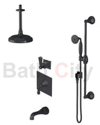 RUBINET 233HXC Hexis Pressure Balance Tub & Shower with Three Way Diverter Shared Flow, Fixed 8" Ceiling Mount Shower Head & Arm, Tub Filler Spout, Hand Held Shower, Adjustable Slide Bar & Integral Supply (Trim Only)
