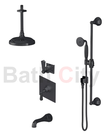 RUBINET 233HXC Hexis Pressure Balance Tub & Shower with Three Way Diverter Shared Flow, Fixed 8" Ceiling Mount Shower Head & Arm, Tub Filler Spout, Hand Held Shower, Adjustable Slide Bar & Integral Supply (Trim Only)