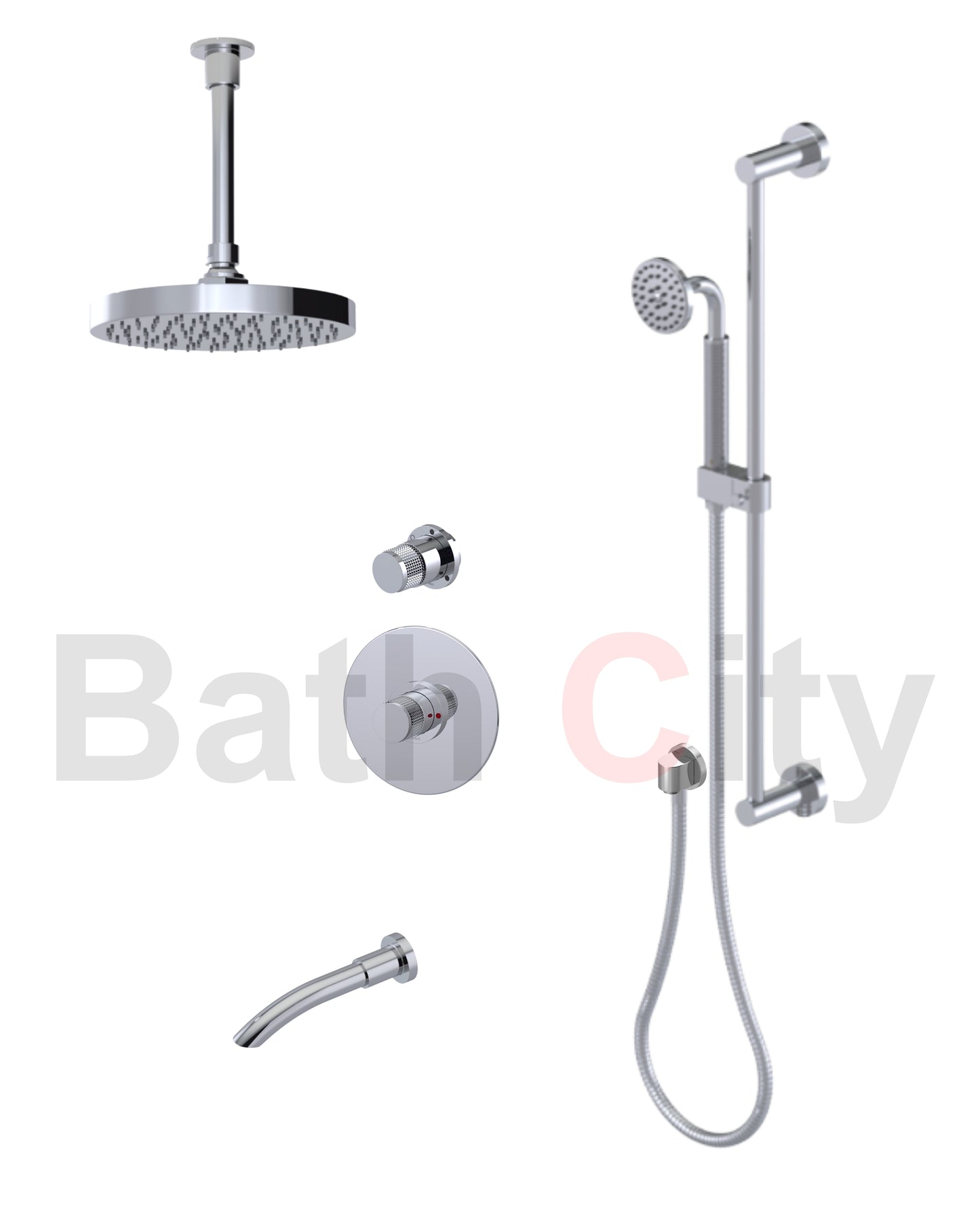 RUBINET 233HOR H2O Pressure Balance Tub & Shower with Three Way Diverter Shared Flow, 8" Ceiling Mount Shower Head & Arm, Tub Filler Spout, Hand Held Shower, Adjustable Slide Bar &Integral Supply (Trim Only)