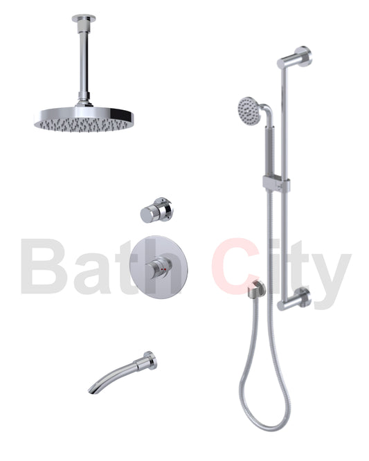 RUBINET 233HOR H2O Pressure Balance Tub & Shower with Three Way Diverter Shared Flow, 8" Ceiling Mount Shower Head & Arm, Tub Filler Spout, Hand Held Shower, Adjustable Slide Bar &Integral Supply (Trim Only)