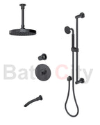 RUBINET 233HOR H2O Pressure Balance Tub & Shower with Three Way Diverter Shared Flow, 8" Ceiling Mount Shower Head & Arm, Tub Filler Spout, Hand Held Shower, Adjustable Slide Bar &Integral Supply (Trim Only)