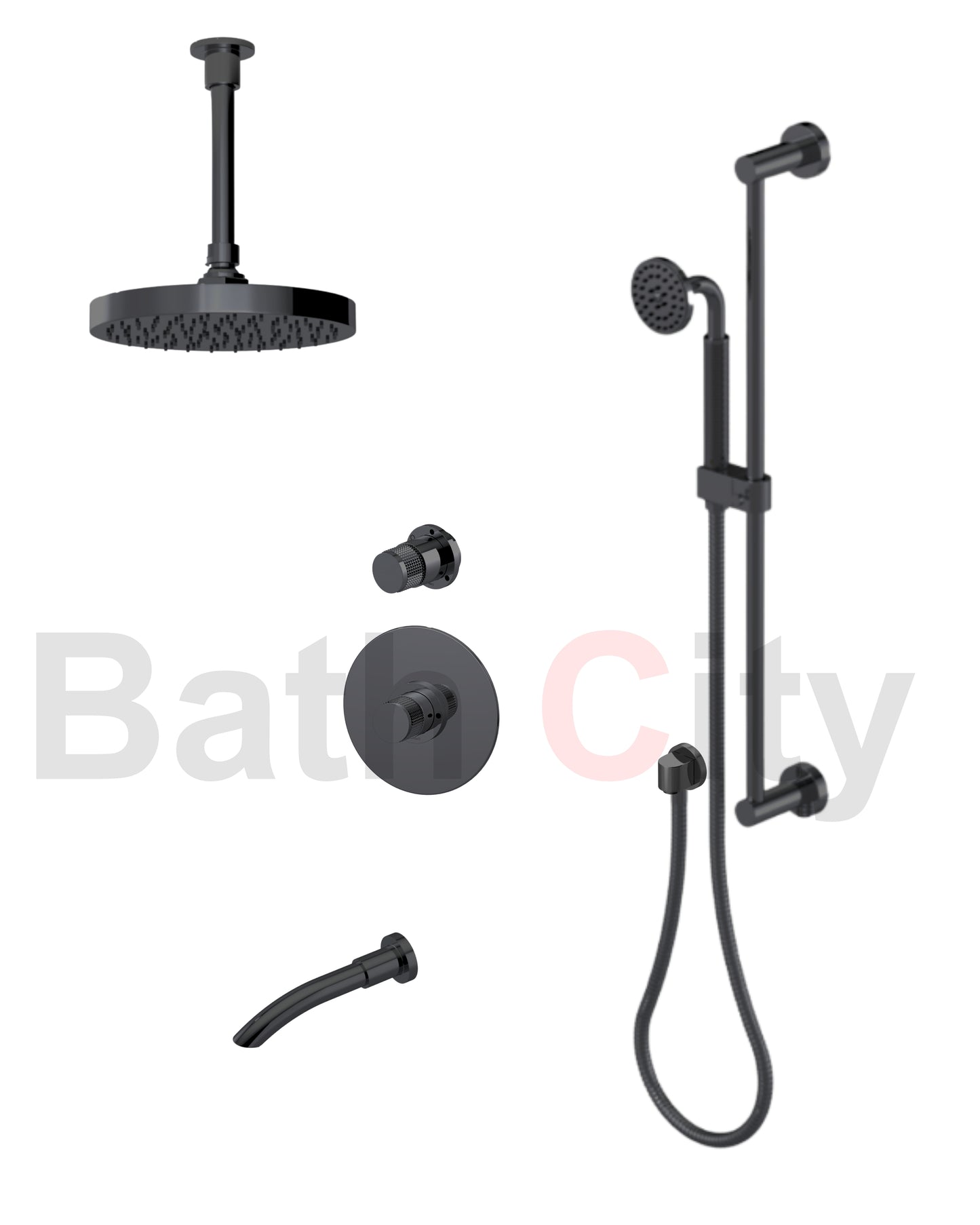 RUBINET 233HOR H2O Pressure Balance Tub & Shower with Three Way Diverter Shared Flow, 8" Ceiling Mount Shower Head & Arm, Tub Filler Spout, Hand Held Shower, Adjustable Slide Bar &Integral Supply (Trim Only)