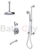 RUBINET 233HOR H2O Pressure Balance Tub & Shower with Three Way Diverter Shared Flow, 8" Ceiling Mount Shower Head & Arm, Tub Filler Spout, Hand Held Shower, Adjustable Slide Bar &Integral Supply (Trim Only)