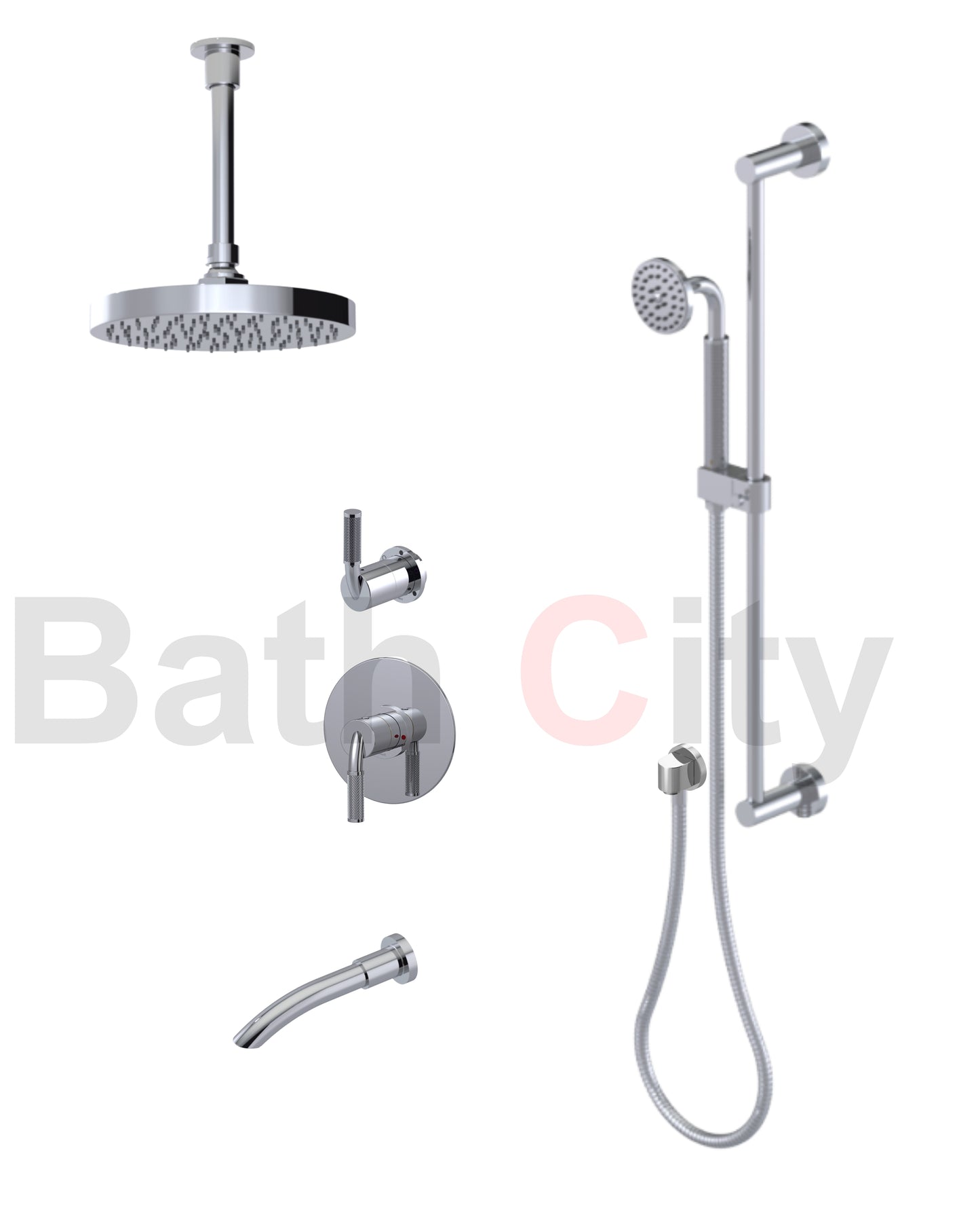 RUBINET 233HOR H2O Pressure Balance Tub & Shower with Three Way Diverter Shared Flow, 8" Ceiling Mount Shower Head & Arm, Tub Filler Spout, Hand Held Shower, Adjustable Slide Bar &Integral Supply (Trim Only)