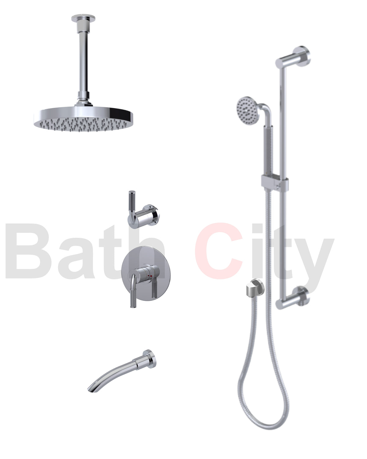 RUBINET 233HOR H2O Pressure Balance Tub & Shower with Three Way Diverter Shared Flow, 8" Ceiling Mount Shower Head & Arm, Tub Filler Spout, Hand Held Shower, Adjustable Slide Bar &Integral Supply (Trim Only)