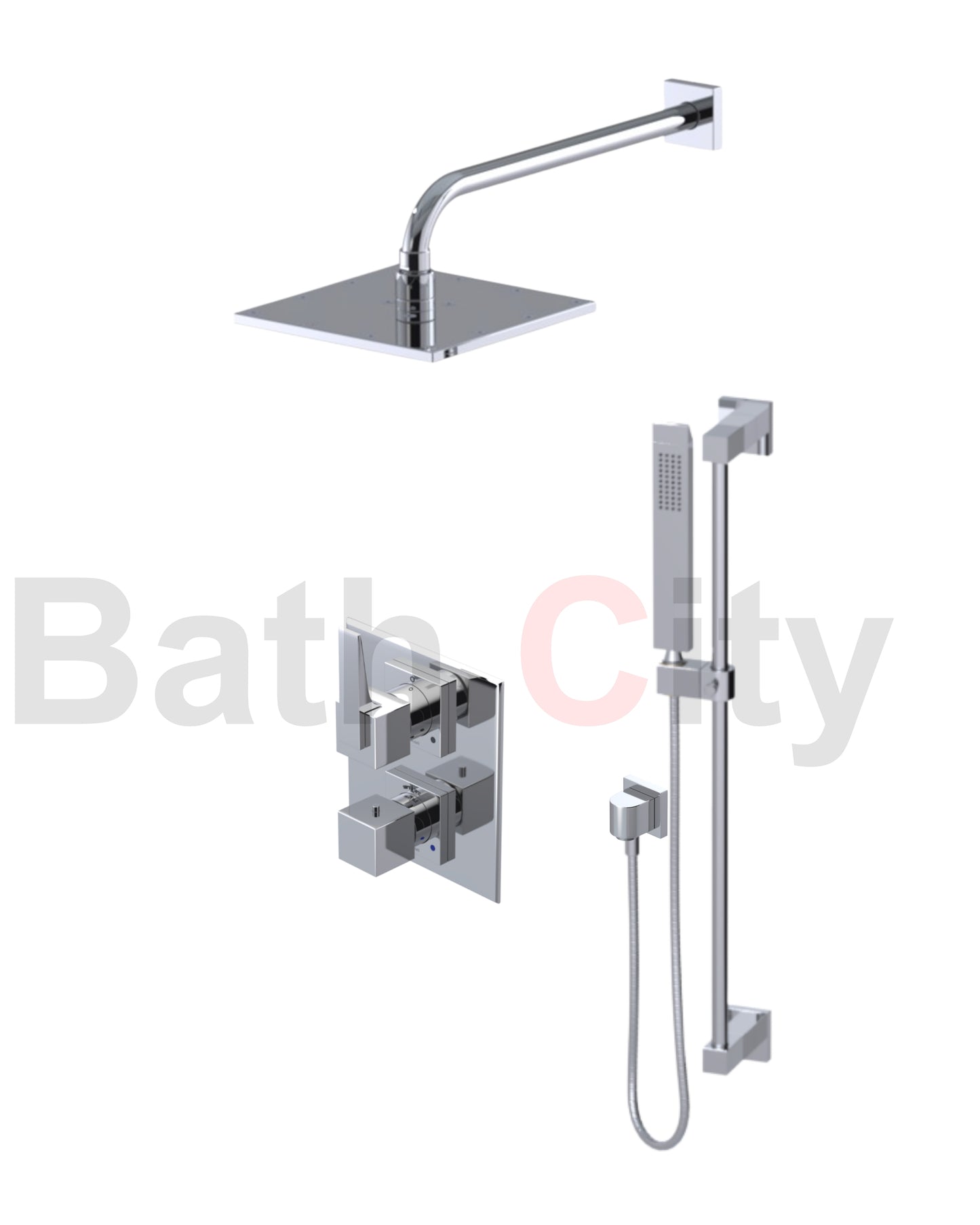 RUBINET 21RSQ Seven Temperature Control Shower with Two Way Diverter & Shut-Off, Hand Held Shower, Adjustable Slida Bar, Integral Supply & Fixed Shower Head & Arm/ 8" Wall Mount- Trim Only