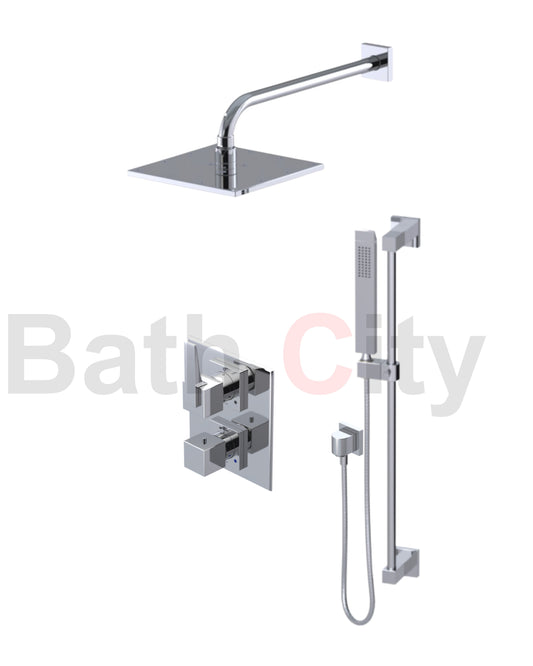 RUBINET 21RSQ Seven Temperature Control Shower with Two Way Diverter & Shut-Off, Hand Held Shower, Adjustable Slida Bar, Integral Supply & Fixed Shower Head & Arm/ 8" Wall Mount- Trim Only