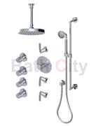 RUBINET 47NVR Nouveau Temperature Control Shower with Three Separate Volume
Controls, Fixed Shower Head, Adjustable Slide Bar,
Integral Supply, Hand Held Shower & Four Body Sprays 8? Ceiling Mount Trim Only
