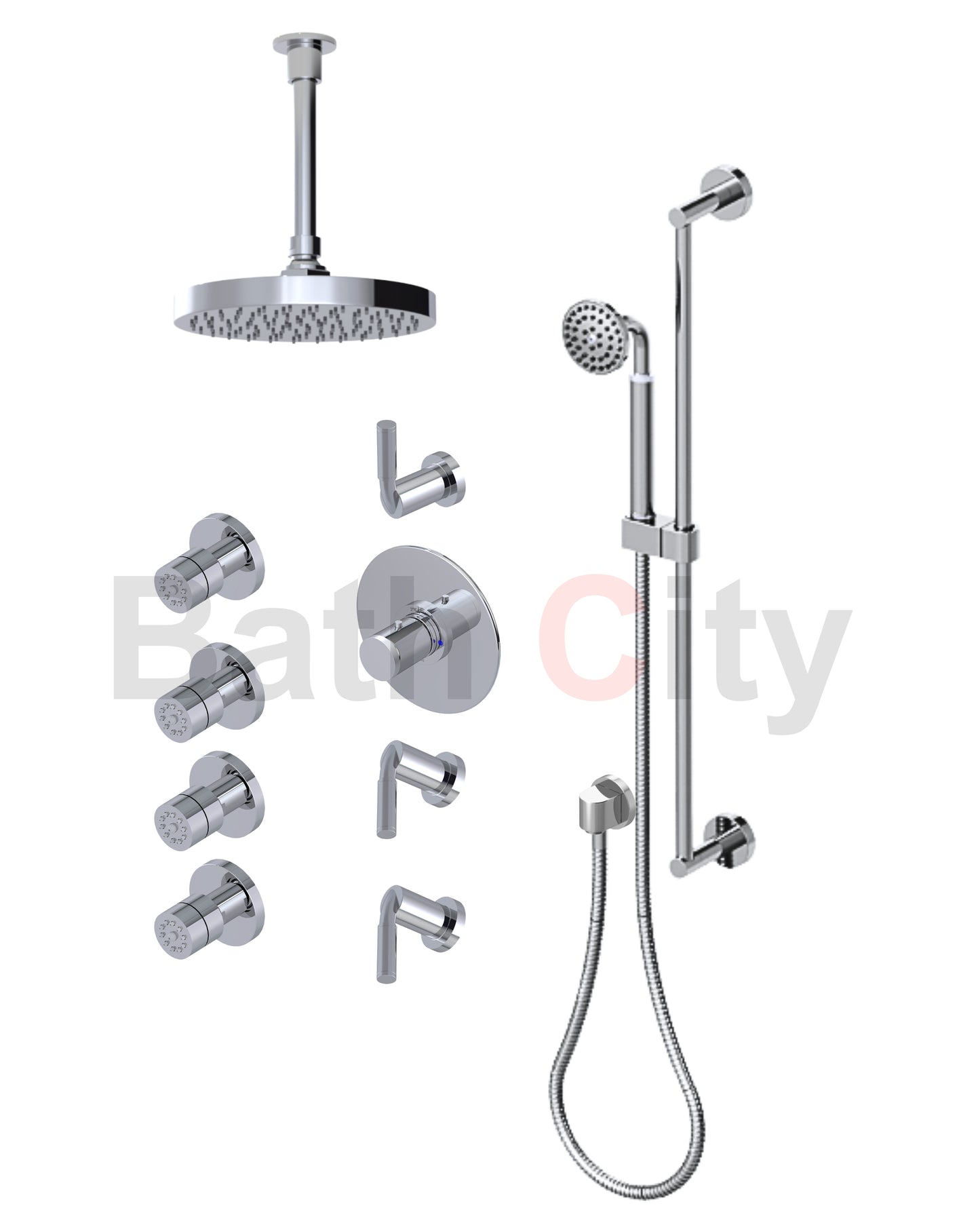 RUBINET 47NVR Nouveau Temperature Control Shower with Three Separate Volume
Controls, Fixed Shower Head, Adjustable Slide Bar,
Integral Supply, Hand Held Shower & Four Body Sprays 8? Ceiling Mount Trim Only